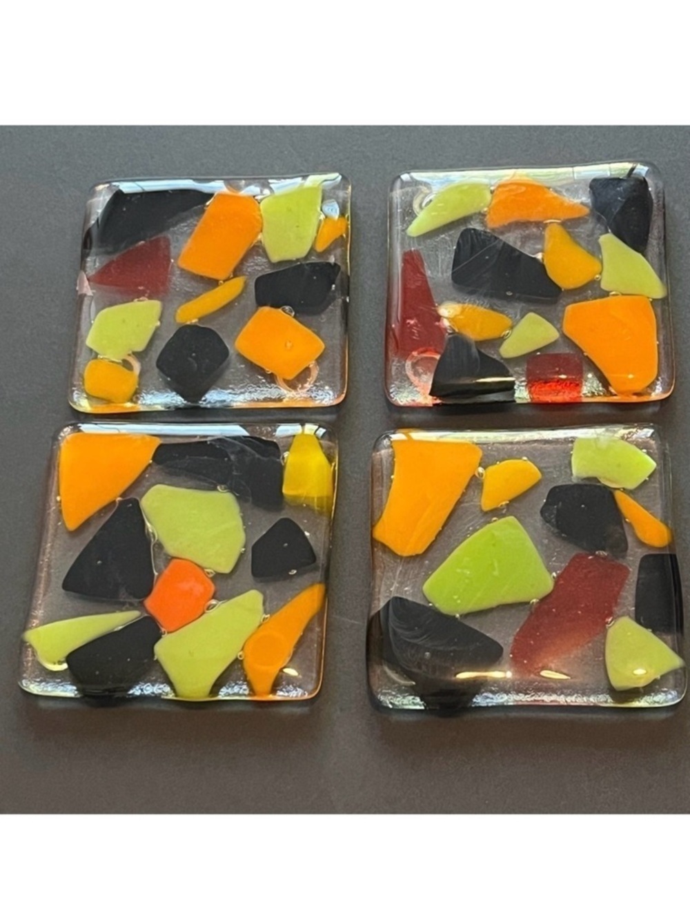 Fused Art Glass Coasters Barware Drink Abstract Geometric Black Orange MCM 4x